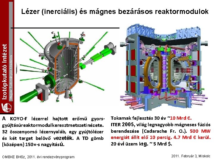 Magyar Tudományos Akadémia Izotópkutató Intézet Lézer (inerciális) és mágnes bezárásos reaktormodulok A KOYO-F lézerrel