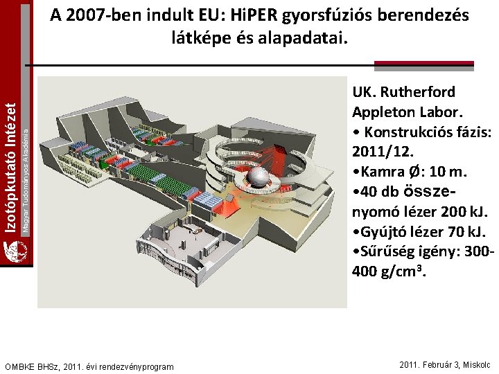 Magyar Tudományos Akadémia Izotópkutató Intézet A 2007 -ben indult EU: Hi. PER gyorsfúziós berendezés