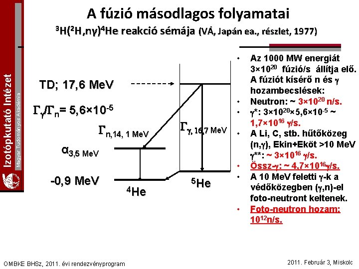 A fúzió másodlagos folyamatai 3 H(2 H, nγ)4 He reakció sémája (VÁ, Japán ea.