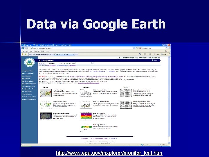 Data via Google Earth http: //www. epa. gov/mxplorer/monitor_kml. htm 