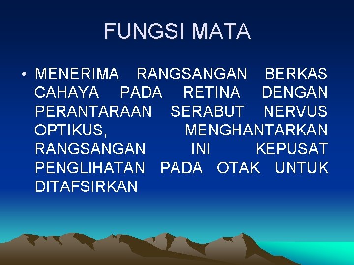 FUNGSI MATA • MENERIMA RANGSANGAN BERKAS CAHAYA PADA RETINA DENGAN PERANTARAAN SERABUT NERVUS OPTIKUS,