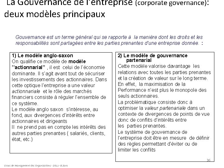  La Gouvernance de l’entreprise (corporate governance): deux modèles principaux Gouvernance est un terme