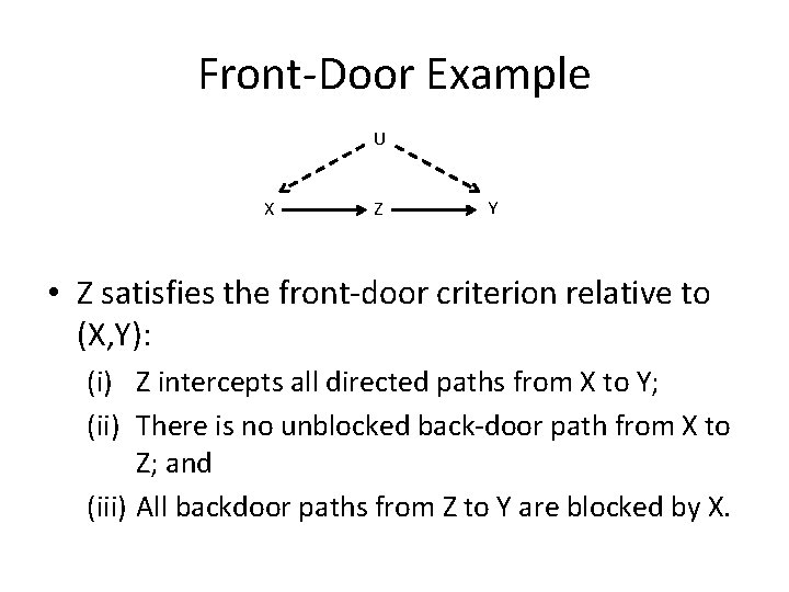 Front-Door Example U X Z Y • Z satisfies the front-door criterion relative to
