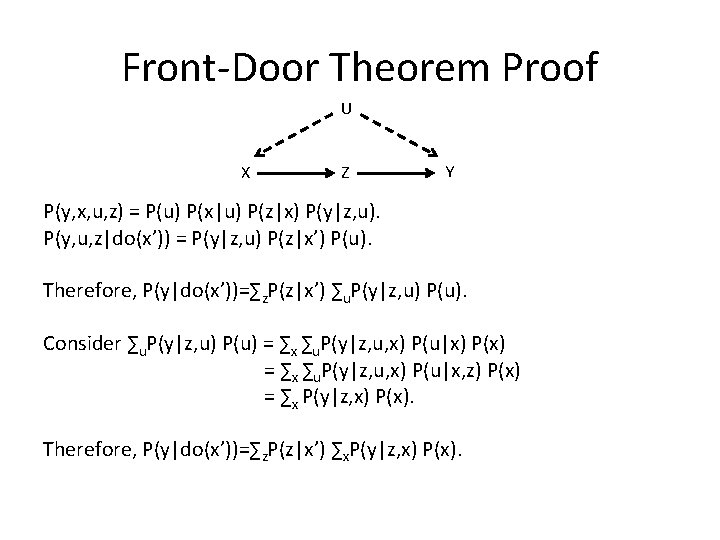 Front-Door Theorem Proof U X Z Y P(y, x, u, z) = P(u) P(x|u)