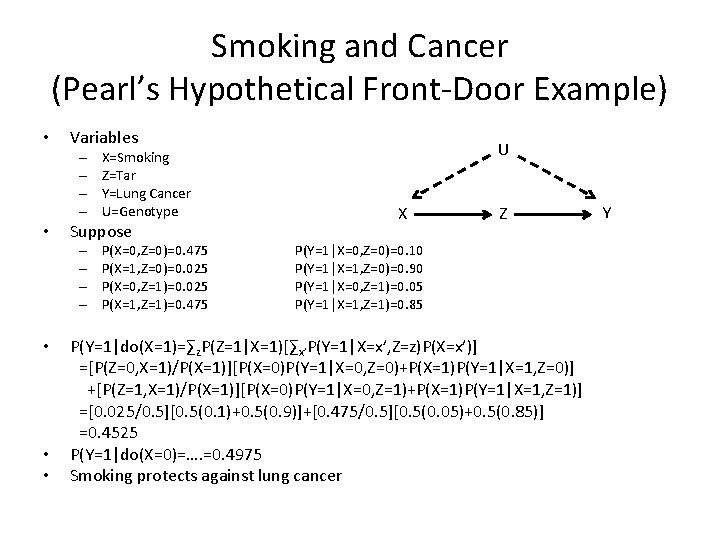 Smoking and Cancer (Pearl’s Hypothetical Front-Door Example) • Variables – – • Suppose –