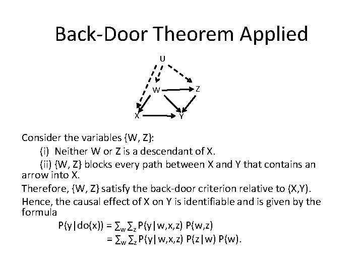 Back-Door Theorem Applied U Z W X Y Consider the variables {W, Z}: (i)