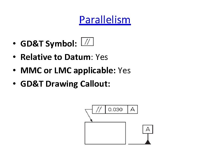 Parallelism • • GD&T Symbol: Relative to Datum: Yes MMC or LMC applicable: Yes