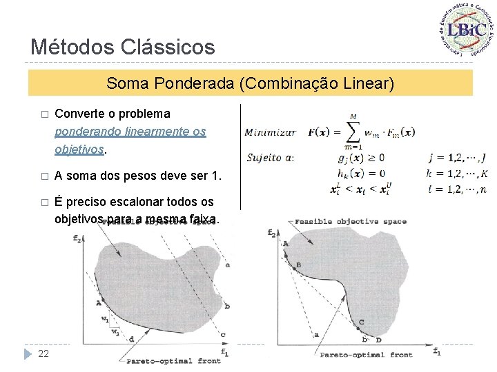 Métodos Clássicos Soma Ponderada (Combinação Linear) � Converte o problema ponderando linearmente os objetivos.