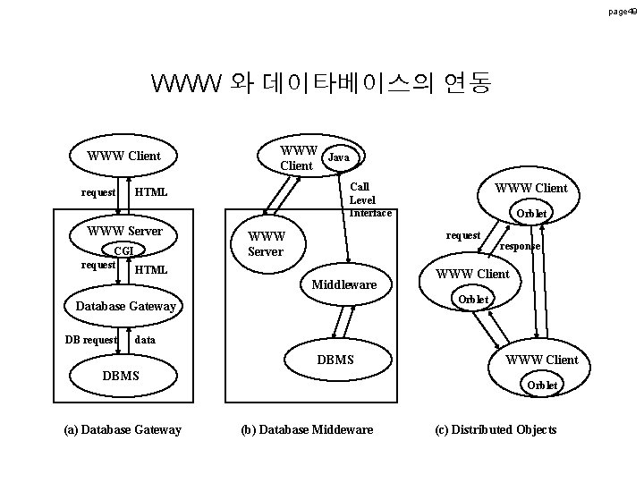 page 49 WWW 와 데이타베이스의 연동 WWW Client request WWW Java Client Call Level page 49 WWW 와 데이타베이스의 연동 WWW Client request WWW Java Client Call Level