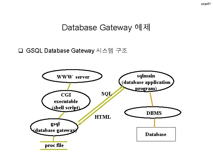 page 81 Database Gateway 예제 q GSQL Database Gateway 시스템 구조 WWW server CGI page 81 Database Gateway 예제 q GSQL Database Gateway 시스템 구조 WWW server CGI