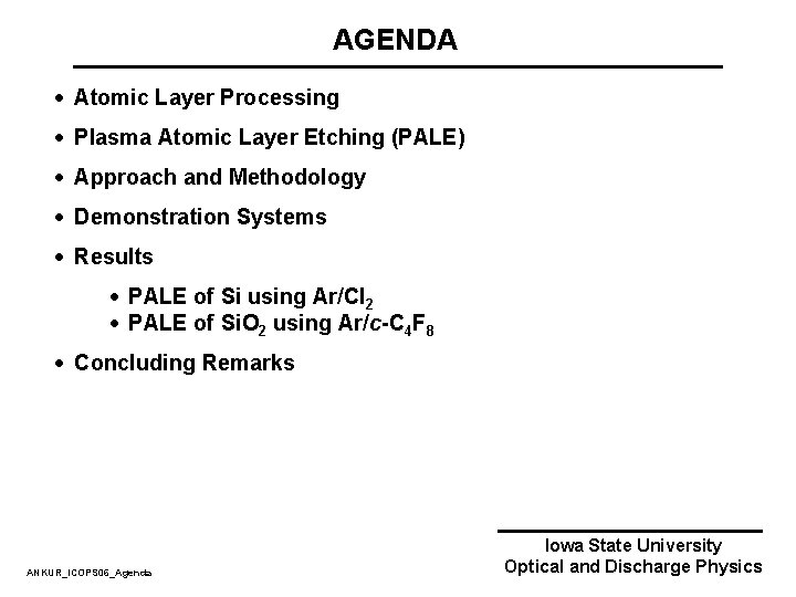 AGENDA · Atomic Layer Processing · Plasma Atomic Layer Etching (PALE) · Approach and