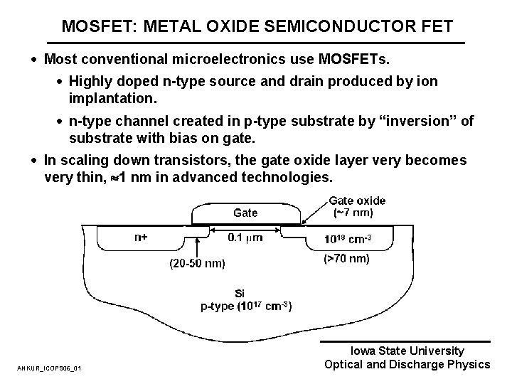 MOSFET: METAL OXIDE SEMICONDUCTOR FET · Most conventional microelectronics use MOSFETs. · Highly doped