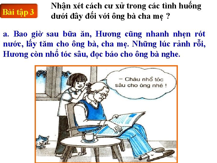 Bài tập 3 Nhận xét cách cư xử trong các tình huống dưới đây