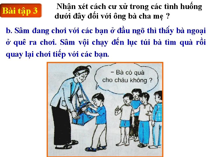 Bài tập 3 Nhận xét cách cư xử trong các tình huống dưới đây