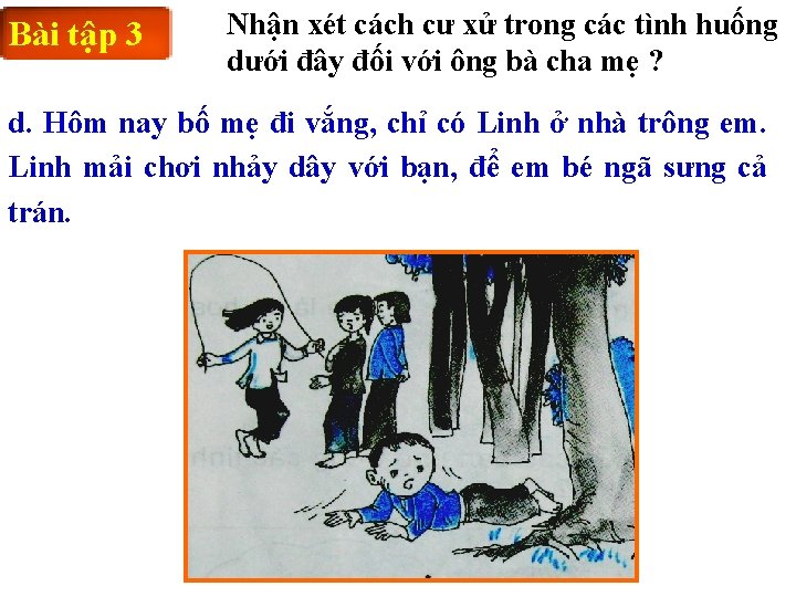 Bài tập 3 Nhận xét cách cư xử trong các tình huống dưới đây