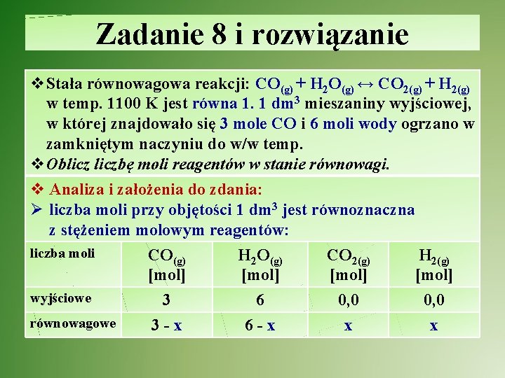 Zadanie 8 i rozwiązanie v. Stała równowagowa reakcji: CO(g) + H 2 O(g) ↔