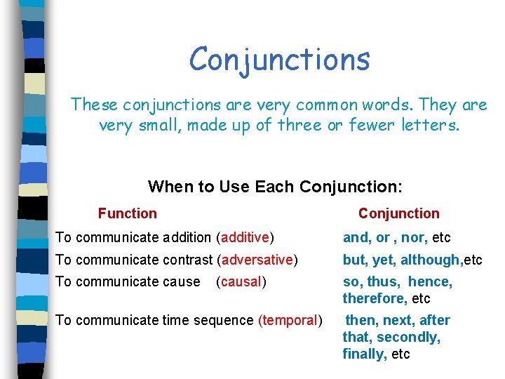 Conjunctions These conjunctions are very common words. They are very small, made up of