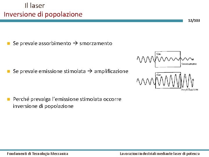 Il laser Inversione di popolazione 12/103 Se prevale assorbimento smorzamento Se prevale emissione stimolata