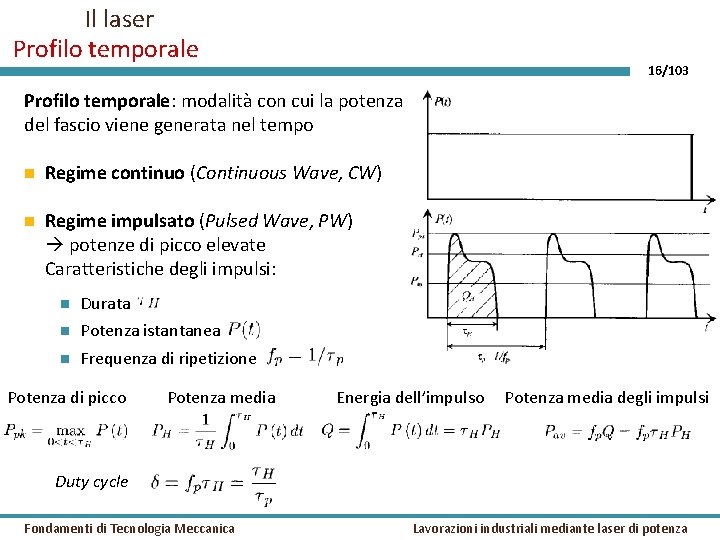 Il laser Profilo temporale 16/103 Profilo temporale: modalità con cui la potenza del fascio