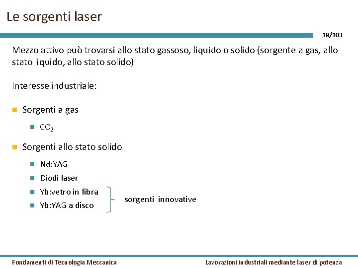 Le sorgenti laser 19/103 Mezzo attivo può trovarsi allo stato gassoso, liquido o solido