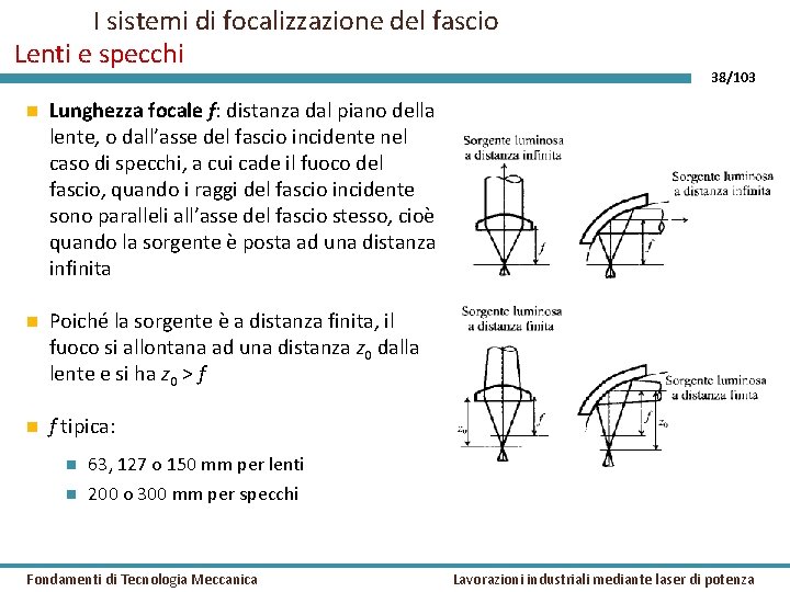 I sistemi di focalizzazione del fascio Lenti e specchi Lunghezza focale f: distanza dal