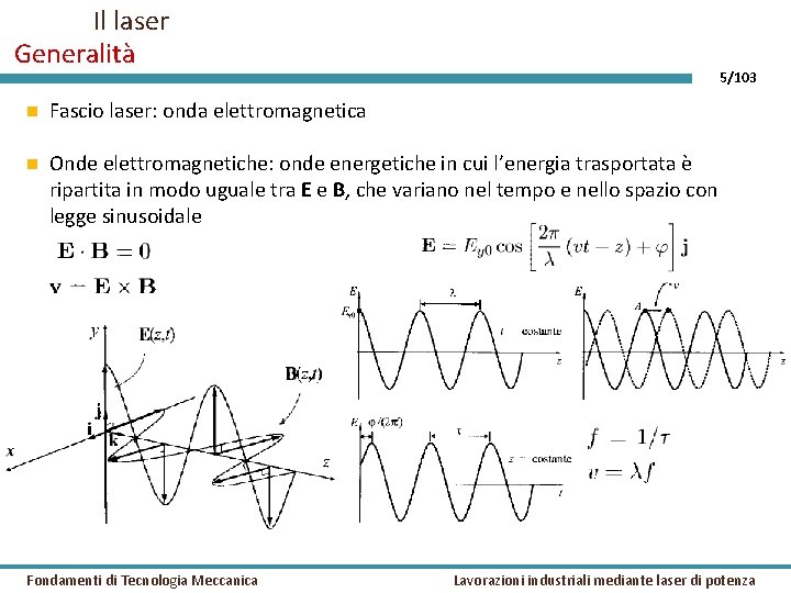 Il laser Generalità 5/103 Fascio laser: onda elettromagnetica Onde elettromagnetiche: onde energetiche in cui