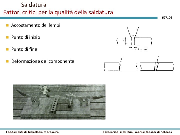 Saldatura Fattori critici per la qualità della saldatura Accostamento dei lembi Punto di inizio