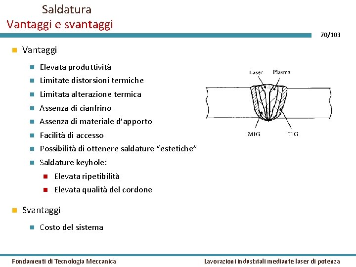 Saldatura Vantaggi e svantaggi 70/103 Vantaggi Elevata produttività Limitate distorsioni termiche Limitata alterazione termica