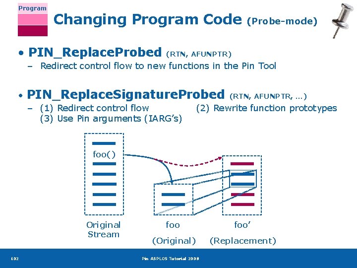 Program Changing Program Code • PIN_Replace. Probed (Probe-mode) (RTN, AFUNPTR) – Redirect control flow