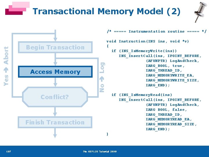 Transactional Memory Model (2) Begin Transaction No Log Yes Abort /* ===== Instrumentation routine