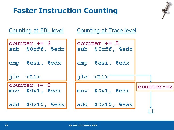 Faster Instruction Counting 44 Counting at BBL level Counting at Trace level counter +=