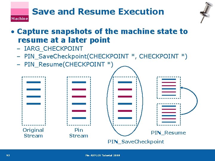 Machine Save and Resume Execution • Capture snapshots of the machine state to resume