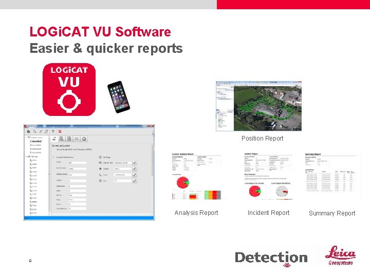 LOGi. CAT VU Software Easier & quicker reports Position Report Analysis Report 9 Incident