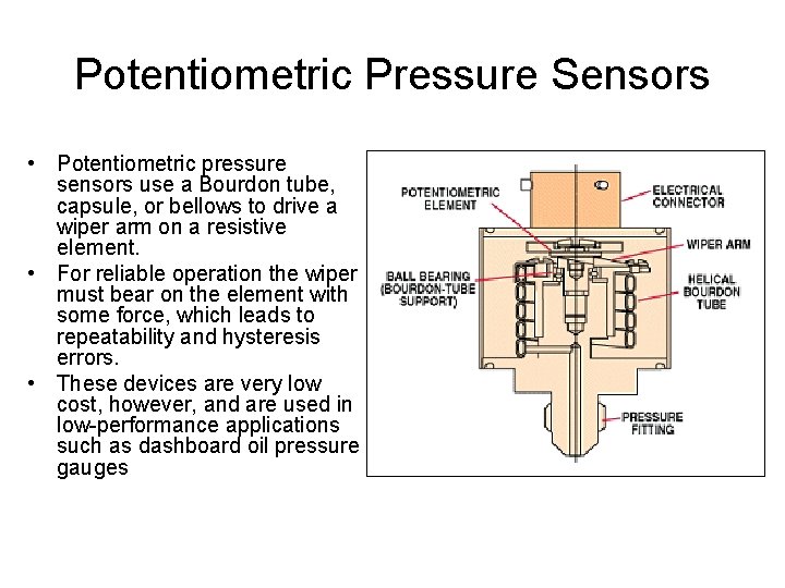 Potentiometric Pressure Sensors • Potentiometric pressure sensors use a Bourdon tube, capsule, or bellows