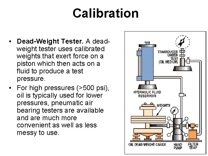 Calibration • Dead-Weight Tester. A deadweight tester uses calibrated weights that exert force on