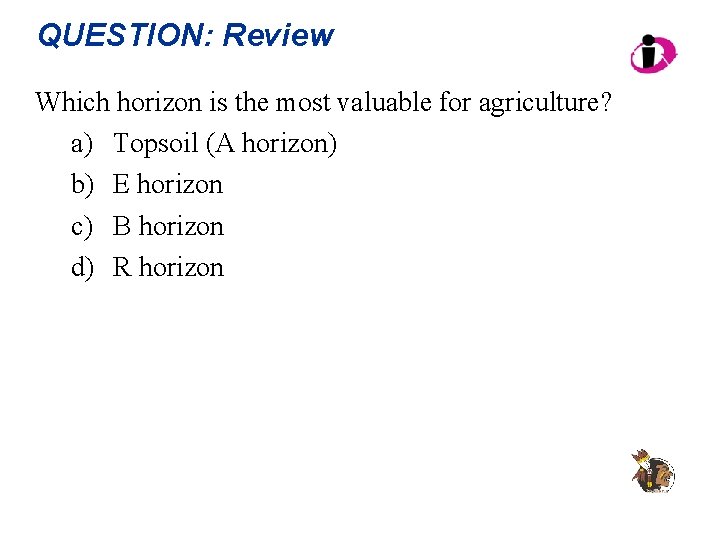 QUESTION: Review Which horizon is the most valuable for agriculture? a) Topsoil (A horizon)