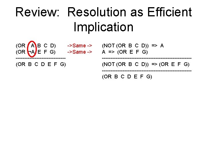 Review: Resolution as Efficient Implication (OR A B C D) ->Same -> (OR ¬A