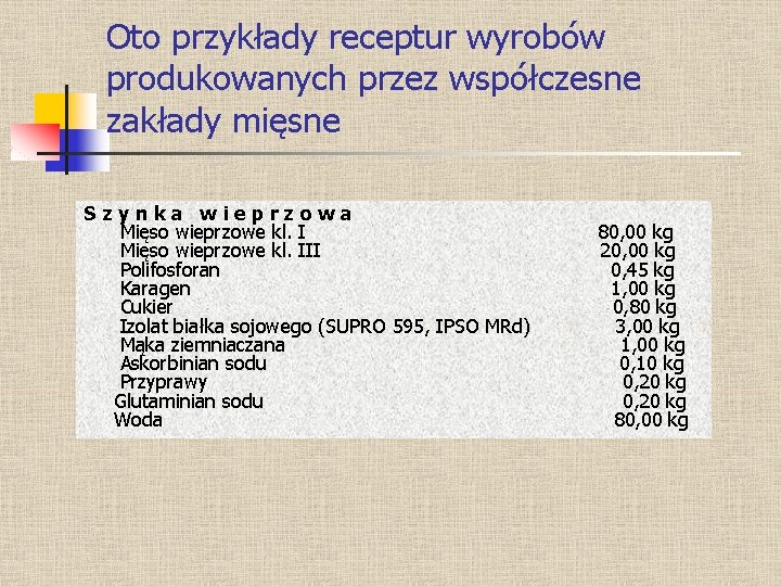 Oto przykłady receptur wyrobów produkowanych przez współczesne zakłady mięsne S z y n k