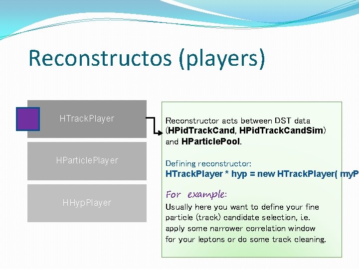 Reconstructos (players) HTrack. Player HParticle. Player HHyp. Player Reconstructor acts between DST data (HPid.