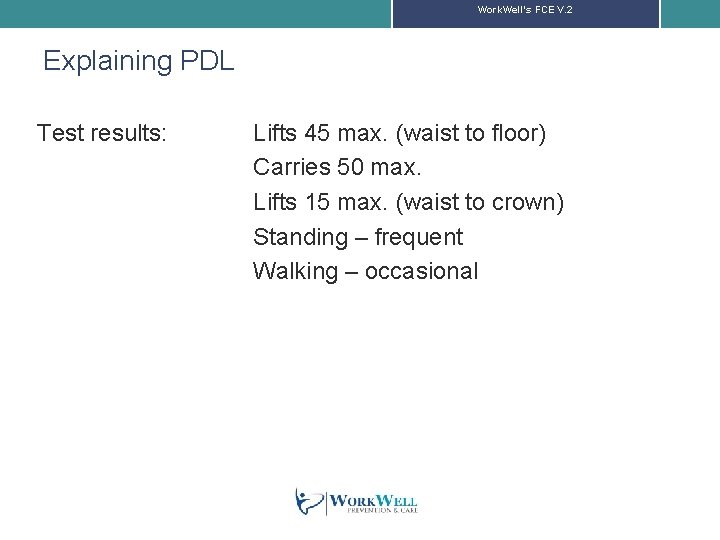 Work. Well’s FCE V. 2 Explaining PDL Test results: Lifts 45 max. (waist to