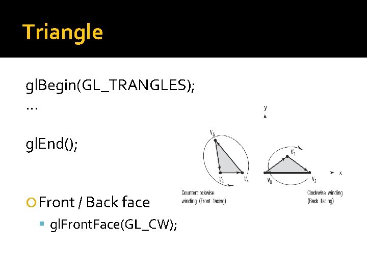 Triangle gl. Begin(GL_TRANGLES); … gl. End(); Front / Back face gl. Front. Face(GL_CW); 