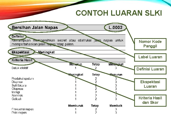 CONTOH LUARAN SLKI Nomor Kode Panggil Label Luaran Definisi Luaran Ekspektasi Luaran Kriteria Hasil