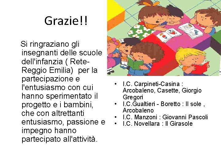 Grazie!! Si ringraziano gli insegnanti delle scuole dell'infanzia ( Rete- Reggio Emilia) per la
