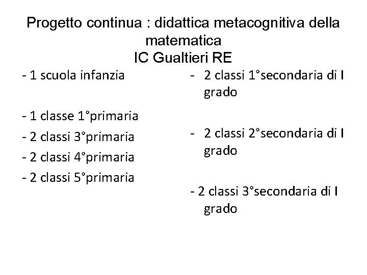 Progetto continua : didattica metacognitiva della matematica IC Gualtieri RE - 1 scuola infanzia