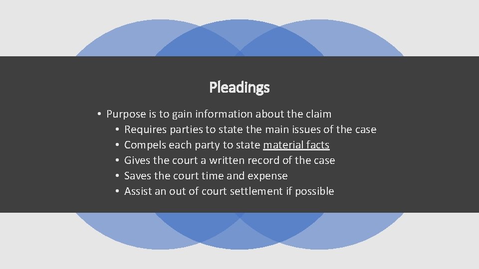 Pleadings • Purpose is to gain information about the claim • Requires parties to