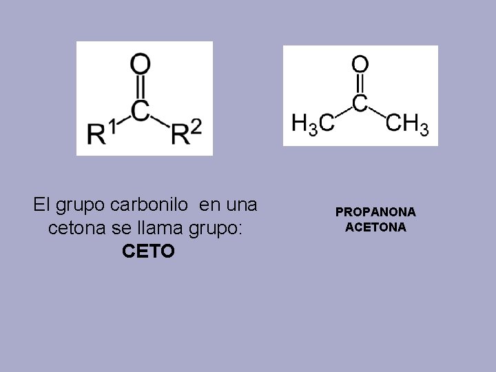 El grupo carbonilo en una cetona se llama grupo: CETO PROPANONA ACETONA 