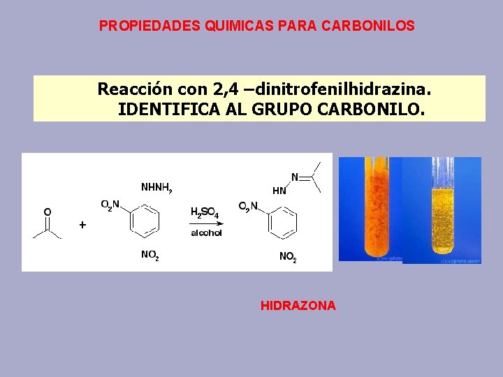PROPIEDADES QUIMICAS PARA CARBONILOS Reacción con 2, 4 –dinitrofenilhidrazina. IDENTIFICA AL GRUPO CARBONILO. HIDRAZONA