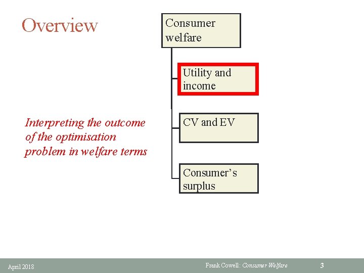 Overview Consumer welfare Utility and income Interpreting the outcome of the optimisation problem in