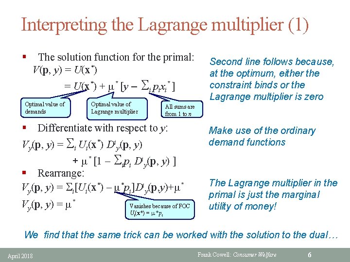 Interpreting the Lagrange multiplier (1) § The solution function for the primal: V(p, y)
