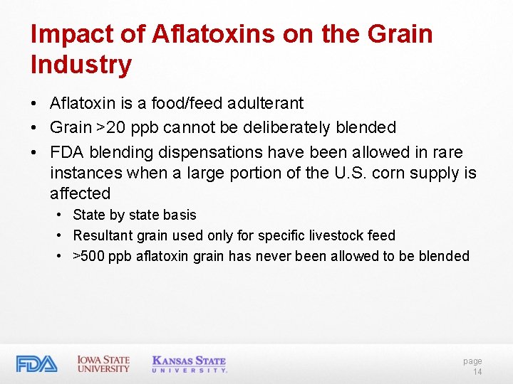Impact of Aflatoxins on the Grain Industry • Aflatoxin is a food/feed adulterant • Impact of Aflatoxins on the Grain Industry • Aflatoxin is a food/feed adulterant •